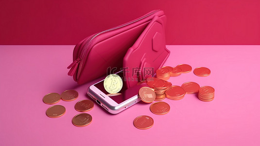 从粉红色背景的 3d 渲染智能手机接收加密货币的数字钱包
