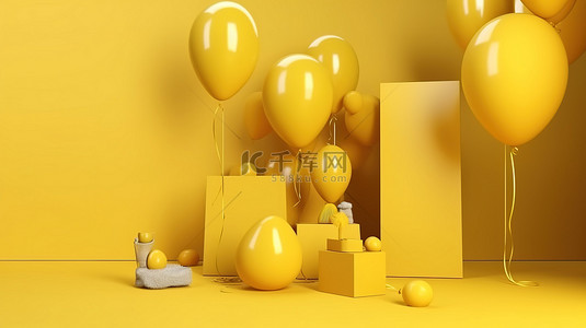 可爱文字装饰背景图片_3D 渲染中充满活力的黄色气球，带有柔和的灯光和空白纸，用于背景上的文字和礼物