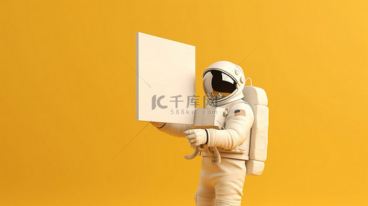 3D 渲染黄色背景中宇航员持有的白色面板标语牌