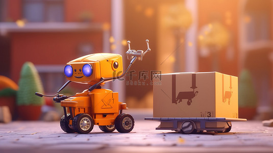 送货机器人有效地将包裹箱转移到小卡车 3D 渲染插图