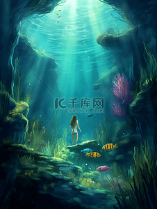 美人鱼珊瑚海底世界卡通广告背景