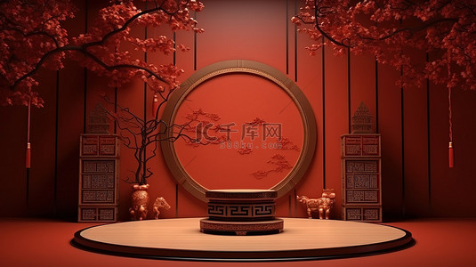 3D 渲染讲台上的中国灵感背景展示产品