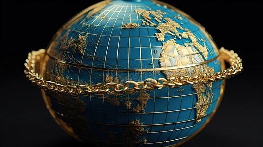 金色比特币包裹在蓝色地球仪中，带有优雅的链条，令人惊叹的 3D 渲染插图