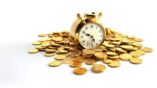 白色背景上的老式闹钟和美元硬币体现了时间的价值