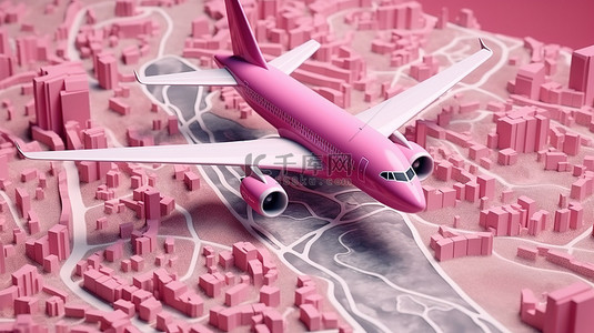 地球平面背景图片_3D 渲染粉红色飞机，配有路线图