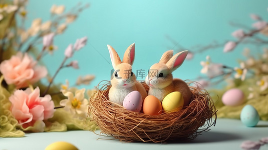 复活节礼物背景图片_节日复活节装饰快乐兔子和复活节礼物的 3D 插图