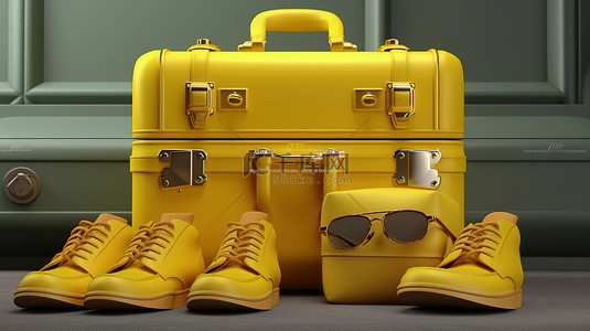 旅游黄色背景背景图片_手提箱相机包眼镜和鞋子的单色黄色渲染