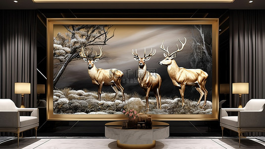 墙壁花纹装饰背景图片_风景优美的金色黑色羽毛和鹿的当代墙壁艺术 3D 图画