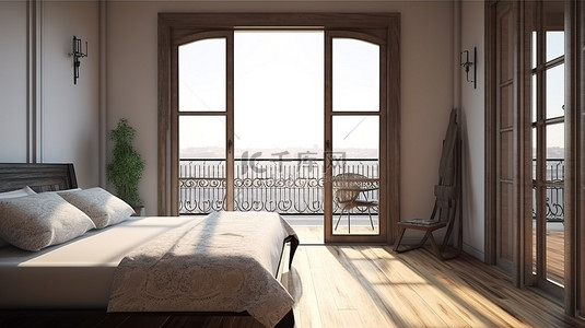 建筑草图的 3D 插图展示了从阳台上看到的卧室景观