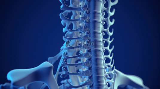 在蓝色背景下以 3D 渲染方式描绘的脊柱
