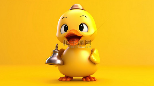 可爱的黄色卡通鸭子角色，在 3D 渲染的阳光明媚的黄色背景上带有复古的金色校钟