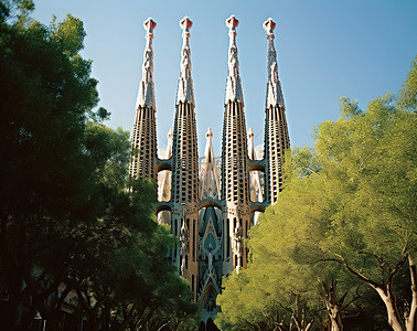 欧洲背景图片_两排高高的尖塔和树木