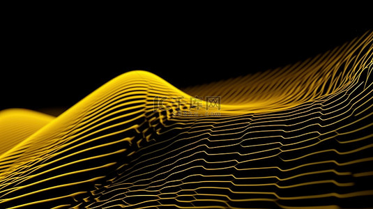 立体黄色 3D 插图中的波状几何条纹