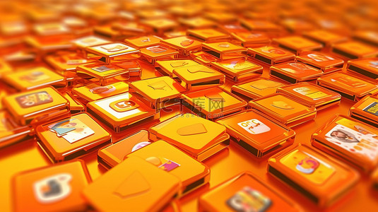 带有多个 snapchat 方形徽章的橙色调 3d 渲染
