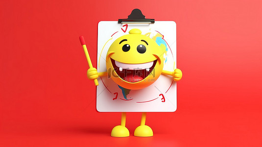 卡通剪贴板背景图片_黄色背景上带有红色剪贴板铅笔和纸的地球吉祥物的 3D 渲染