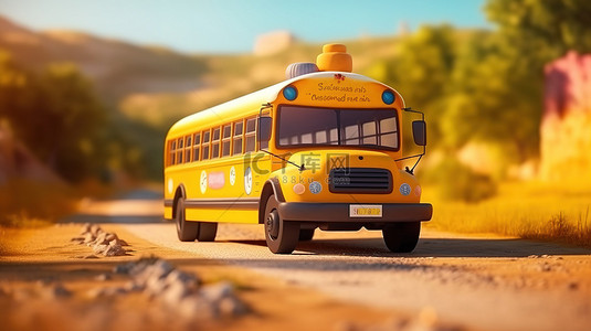 校车学校背景图片_可爱的校车在 3D 渲染中沿路行驶