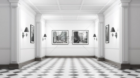 复古时髦走廊内部模拟海报灰色和白色色调 3D 渲染
