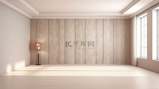 居家背景图片_带有中性米色墙壁的当代简约空房间的 3D 渲染