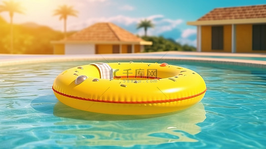3D 插图夏季概念，池中带有黄色漂浮物体