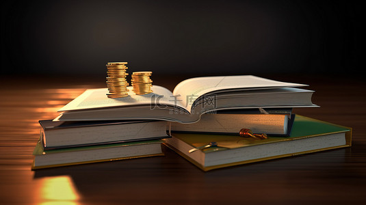 投资教育 3d 渲染书籍和金钱概念