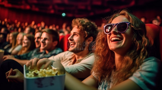 青少年背景背景图片_和朋友一起去电影院欣赏搞笑的3D电影