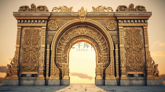 中世纪大门背景图片_中世纪城堡大门，带有 3d 渲染的金色拱门