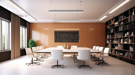 企业内部背景图片_现代办公室会议室铺有地毯的地板书架和投影仪屏幕 3D 渲染内部