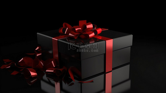 包装盒装饰背景图片_孤立的闪亮红丝带装饰 3D 渲染的黑色礼品盒