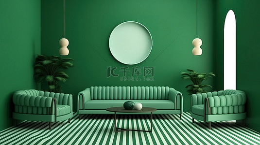 中世纪现代背景图片_带有绿色图案墙背景的中世纪现代客厅设计的 3D 渲染