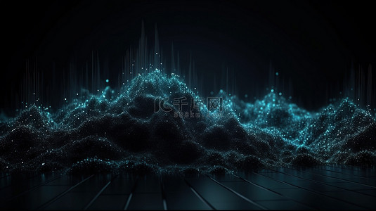 大科技数据背景图片_低聚抽象蓝色景观与粒子点 3d 在黑色背景上渲染