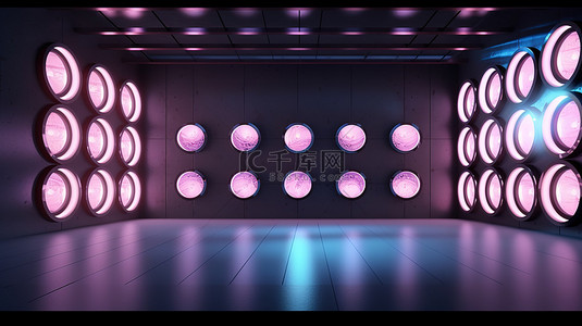 科技圆形展台背景图片_受科技启发的墙壁和令人惊叹的圆形激光灯装饰托盘和房间 3D 渲染