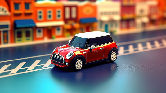 行驶风景背景图片_道路上行驶的紧凑型城市汽车的 3D 插图