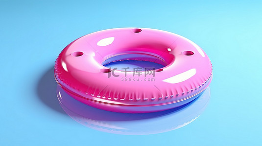 夏季背景上粉色充气泳池环的 3D 渲染