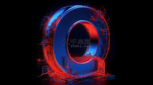 红色发光的霓虹灯 q 被蓝色字母 3d 渲染包围