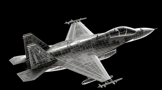 军用战斗机在飞行轮廓图和 3D 渲染中的轮廓，突出了工艺