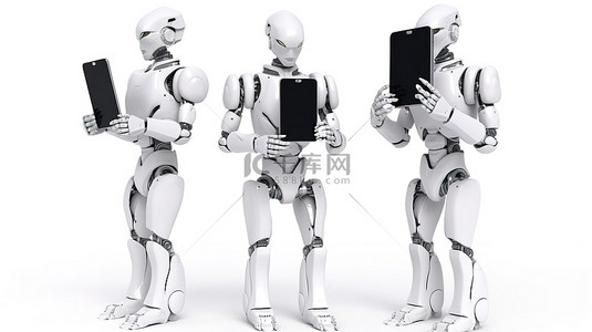 人工智能机器人和机器人在 3D 渲染与空白屏幕手机隔离在白色背景