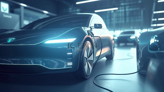电动汽车在软焦点能源站充电的 3D 渲染