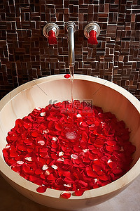 浴室里装满了红玫瑰花瓣的碗