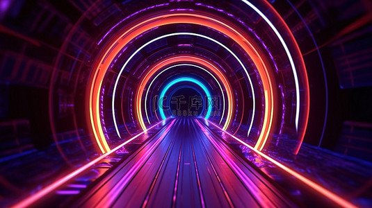 动态闪亮隧道抽象艺术的 3D 插图与明亮的发光霓虹灯