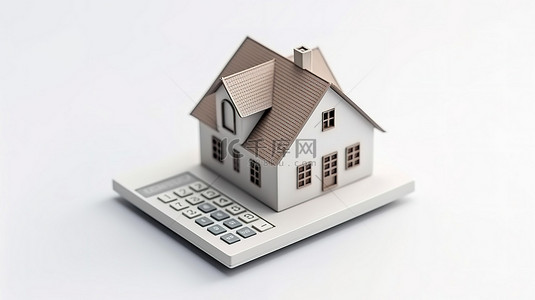 税务筹划背景图片_空白表面上的 3D 渲染房屋形状抵押计算器