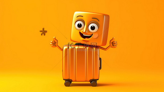 吉祥物人物拿着金奖获得者奖杯和橙色旅行箱在充满活力的黄色背景上的 3D 渲染
