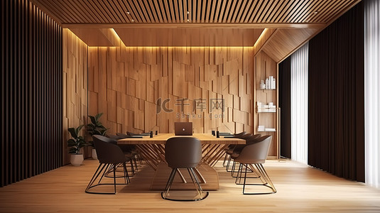 书房会议室背景图片_3d 渲染中的现代木风格商务会议室