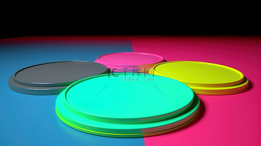 设计四背景图片_四个塑料板的充满活力的 3D 渲染，粉红色灰色黄色和绿色设置在发光的蓝色地板上