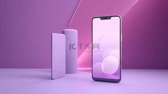 紫色的手机背景图片_带有空白显示框架隔离模板的 3D 渲染中的极简紫色智能手机模型