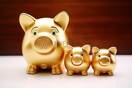 金色的猪背景图片_坐在金色字母 w 旁边的黄金存钱罐的黄金银行