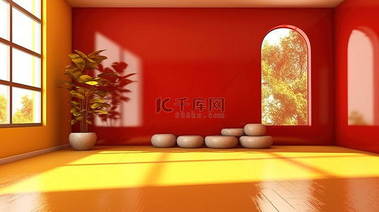 充满活力的红色色调的生活室内，黄色地板和 3D 渲染的背景