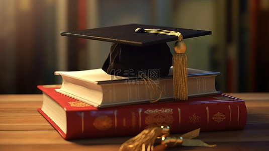 3D 渲染毕业与学位帽文凭和书籍的插图