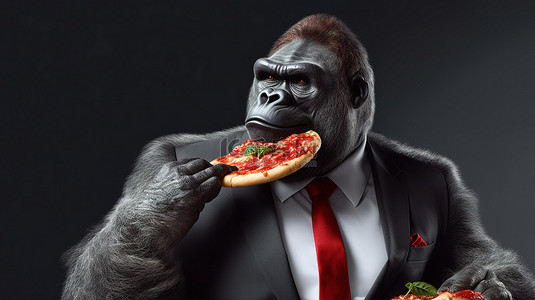 一只 3D 大猩猩，打扮得令人印象深刻，手里拿着披萨