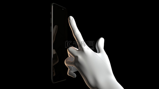 3D渲染中的卡通手拿着一部时尚的手机并用手指指向