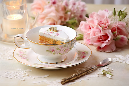 茶杯蛋糕背景图片_桌上有蛋糕和鲜花的茶杯